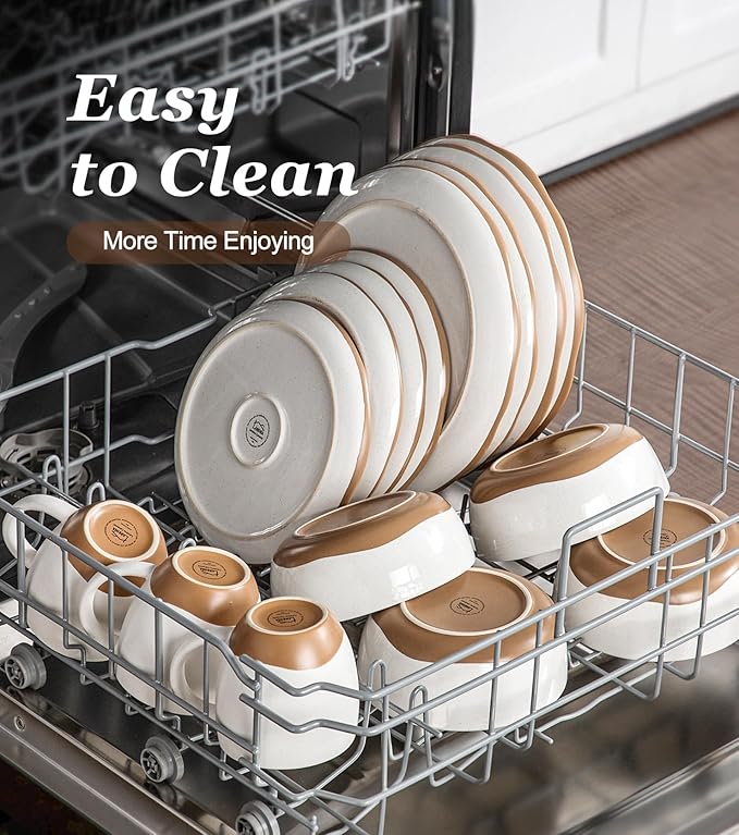 24 Piece Dinnerware Sets for 8 - Farmhouse Ceramic Plates and Bowls Sets - Scratch Resistant Stoneware Dishes Set Dishwasher &amp Microwave Safe Stack Compactly Dishware - Vintage White