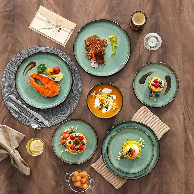 vancasso Plates and Bowls Sets 24 Pieces Stoneware Dinnerware Sets for 8 Kitchen Dish Set Mircowave and Dishwasher Safe Ceramic Dishware Turf Green Series AMBER