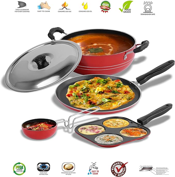 Sumeet 2.6mm Thick Non-Stick Rudh Cookware set (Dosa Tawa – 26.5cm Dia + Mini Multi Snack Maker – 19.5cm Dia + Kadhai With Lid – 1.5Ltr capacity- 20cm Dia + Tadka Pan – 10cm Dia)