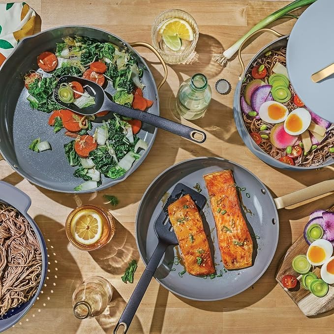 Pans12pc Ceramic Non-Stick Cookware Set by Drew Barrymore Pots &amp Pans with Lids Dishwasher‑SafeSoft‑Touch Handles Even‑Heat Base. (Cornflower Blue)