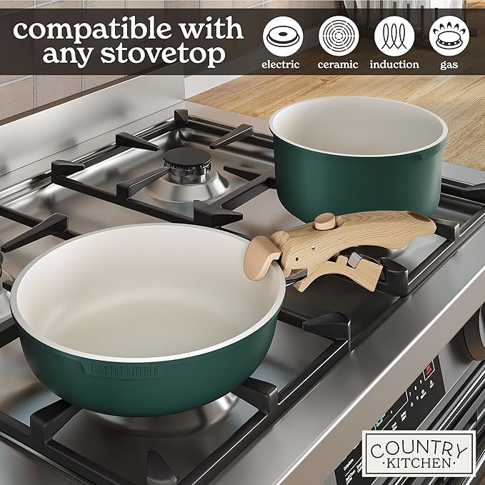 Country Kitchen Cookware Set with Removable Handle Oven &amp RV Safe Pots and Pans Set Sage Wood Handle Original