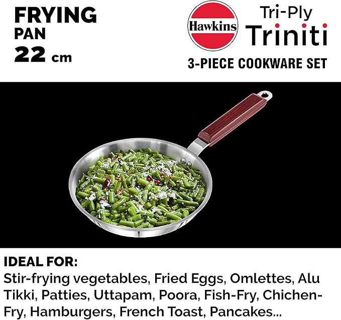 Hawkins Triniti 3 Pieces Triply Stainless Steel Cookware Set 2 - Frying Pan Tava Deep-Fry Pan with Glass Lid Silver (SSET2)