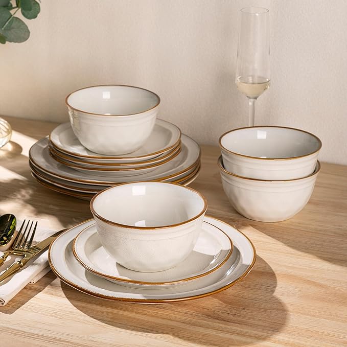 AmorArc Ceramic Dinnerware SetsStoneware Handmade Reactive Glaze Plates and Bowls SetsChip and Crack Resistant | Dishwasher &amp Microwave SafeDishes Set Service for 4 (12pc)