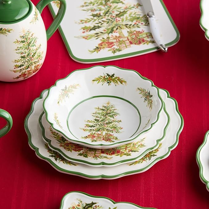 Holly Tree Holiday 12pc Dinnerware Set – Festive Melamine Plates and Bowls for Christmas Entertaining Indoor/Outdoor Use Break-Resistant and Dishwasher Safe