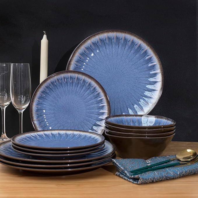 Melamine Dinnerware Sets 12 Pcs Plates and Bowls Sets Melamine Plates Outdoor Dishes Sets Unbreakable Dinnerware Serving Dishes for Entertaining Dishwasher Safe BPA Free (Classic Blue)