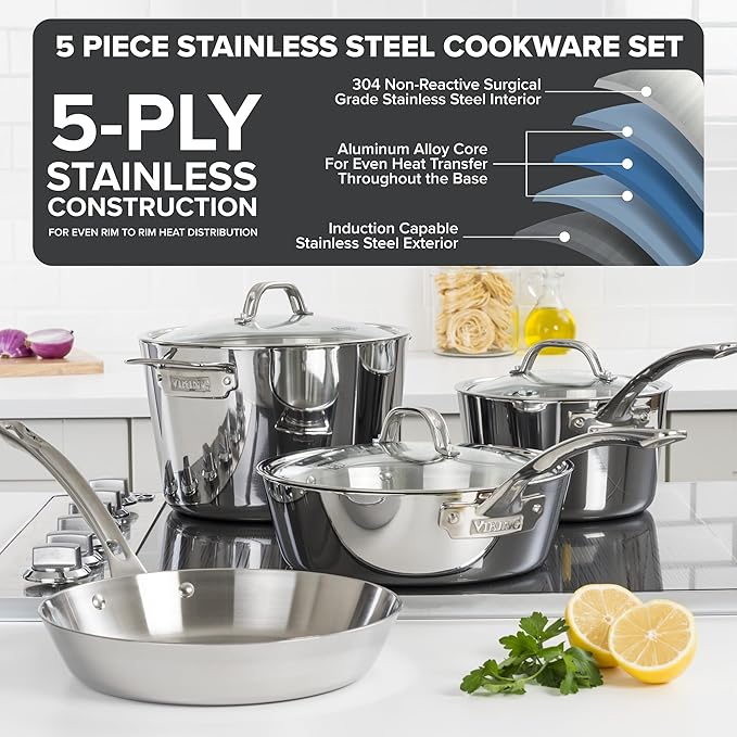 Viking 5-Ply Pots and Pans Set 5 Piece Stainless Steel Kitchen Cookware Silver