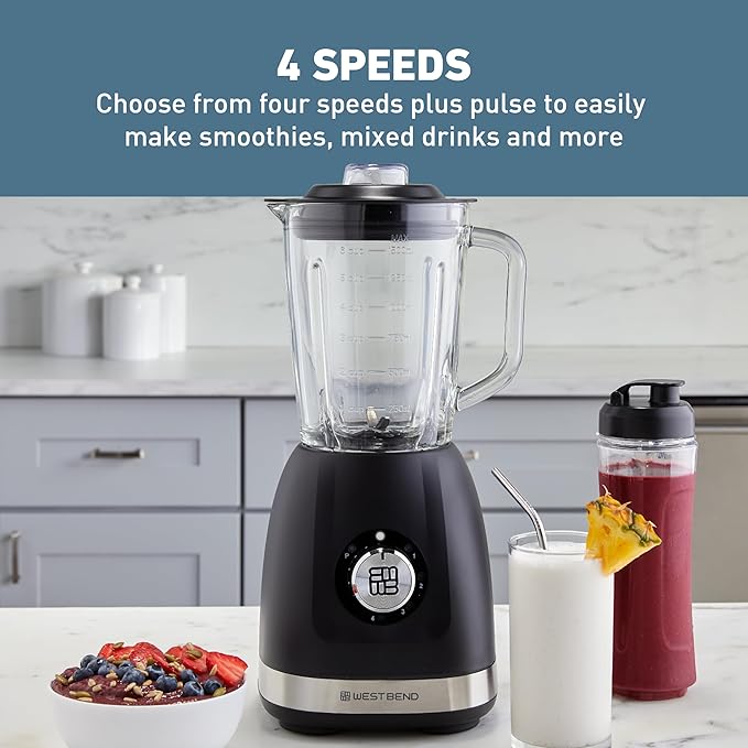 West Bend Blender with 48-Ounce Blending Jar and 20-Ounce Travel Cup Compact Design with Dial Control 700-Watts Black