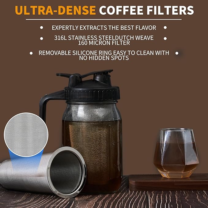 PIZVOXCold Brew Coffee Maker Pitcher 32 oz Thick Glass Mason Jar Spout Lid with Handle &amp Stainless Steel Filter for Iced Brew Coffee Ice Lemonade Sun Tea Fruit Drinks Container