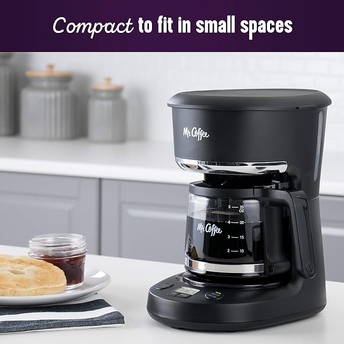 Mr. Coffee Programmable Coffee Maker 5 Cups with Auto Pause Glass Carafe Compact Design Black