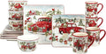 Red Truck Snowman 16pc Ceramic Dinnerware Set Service for 4 – Bring holiday cheer to every meal with festive red trucks snowmen and trees perfect for holiday gatherings and winter entertaining
