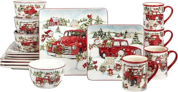 Red Truck Snowman 16pc Ceramic Dinnerware Set Service for 4 – Bring holiday cheer to every meal with festive red trucks snowmen and trees perfect for holiday gatherings and winter entertaining