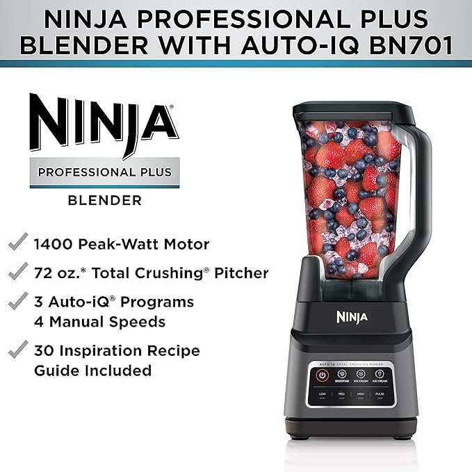 Ninja Professional Plus Blender | Max Power Smoothie Blender Ice Cream Maker Frozen Drink Mixer &amp Margarita Machine | 3 Auto IQ™ Presets 1400 W 72oz Total Crushing Pitcher | Dark Grey BN701