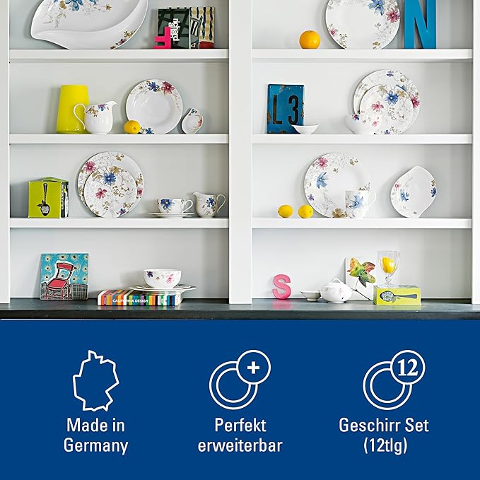 Villeroy &amp Boch Mariefleur Gris Basic Dinner Set for up to 6 People 12 Pieces Premium Porcelain White/Multicoloured