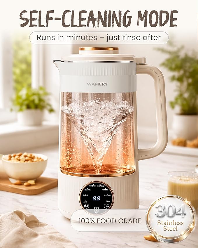 Wamery 32oz Nut Milk Machine (Black) - Soy Milk Maker for Almond &amp Oat Fruit Blender Automatic Heated Programs Self‑Cleaning Delay Start Keep Warm &amp Boil Water 1‑Liter Capacity with Star