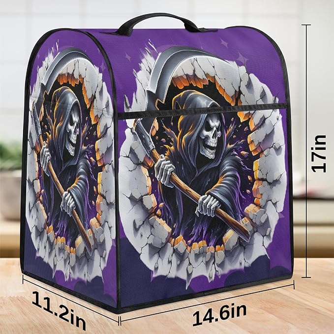 cfpolar Kitchen Aid Mixer Cover Compatible with 6-8 Quarts Halloween Grim Reaper Skull Stand Mixer Cover Kitchen Aid Mixers Accessories Appliance Organizer Bag Dust Covers with Zipper Pocket
