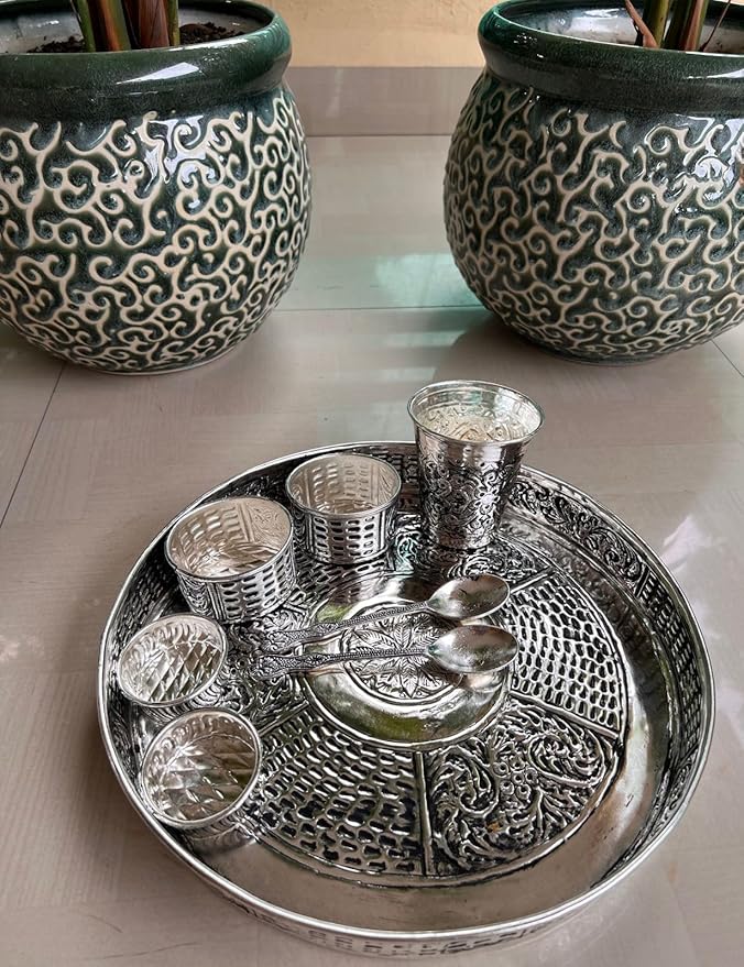 German Silver Antique Finish Dinner Set/BHOG THAAL/Pooja thali Set for Diwali/Housewarming poooja