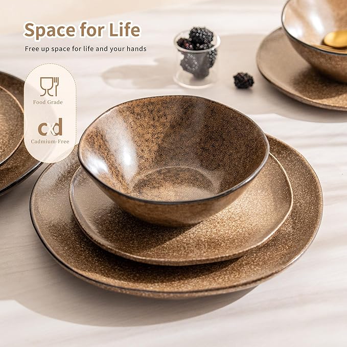 12PCS Stoneware Dinnerware Sets Plates and Bowls Dish Set for 4 Irregular Vintage Handmade Dinner Ware Dishware for Kitchen Dinning Microwave &amp Dishwasher Safe Brown