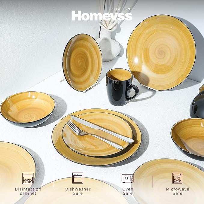 Sonoma 16 Piece Stoneware Dinner Set Outside Black + Inside Handpainted Color Yellow with speckle
