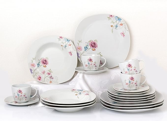 Unknown1 20 Pc. Square Dinnerware Set Service for 4-Small Floral Design White Casual Porcelain Piece Dishwasher Safe Microwave