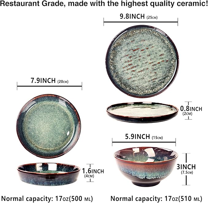 Dinner Set 12 Pieces - Round Reactive Glaze Tableware - Kitchen Dinnerware Porcelain Crockery with Dinner Plate Bowl and Soup Plate Service for 4 Microwave Dishwasher Safe Set (No.4)
