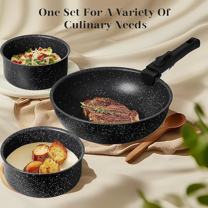 Pots and Pans Set Non Stick 12 Pcs Cooking Pot Kitchen Set with Frying Pans and Sauce Pans Dishwasher and Oven Safe PFAS PFOA PFOS Free Black