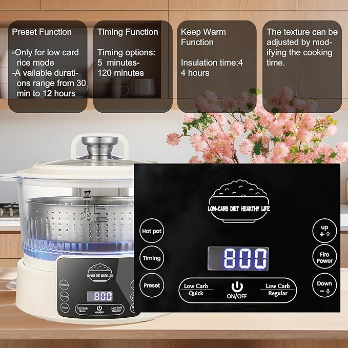 Low Carb Rice Cooker3L Multifunction Low Sugar Rice Cooker SmallReservable &amp Timable4H Keep WarmCookingSimmeringStewingSteaming All In OneIdeal for Small FamilieApartment(3LBeige)