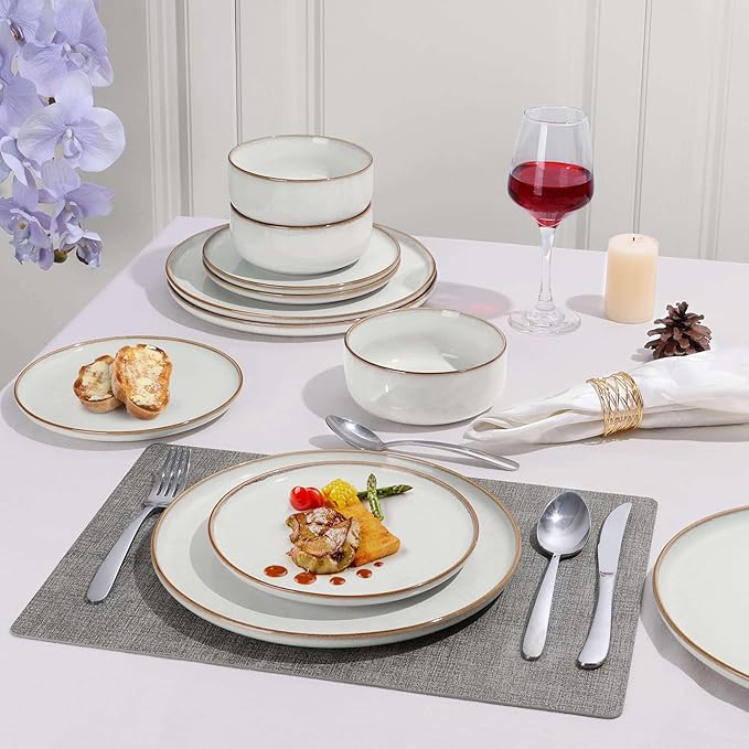 Herogo 24 Pieces Stoneware Dinnerware Dishes Sets for 8 Kitchen Handmade Dining Plates and Bowls Sets Double Reactive Glaze Microwave &amp Dishwasher Safe Scratch Resistant Ivory White