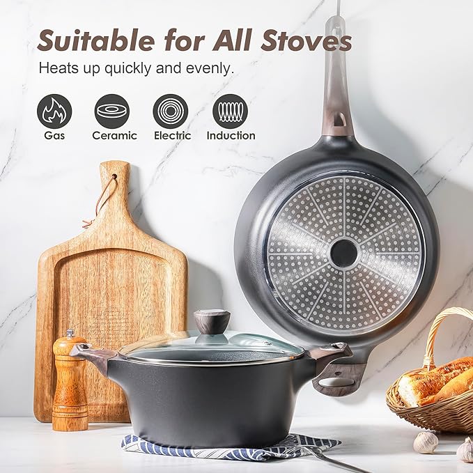 SENSARTE Pots and Pans Set Non stick Non toxic Healthy Induction Cookware Sets 26 Pcs Nonstick Kitchen Cooking Set w/Frying Pans Set Saucepans Set Stockpots Set PFOA PFOS Free Black