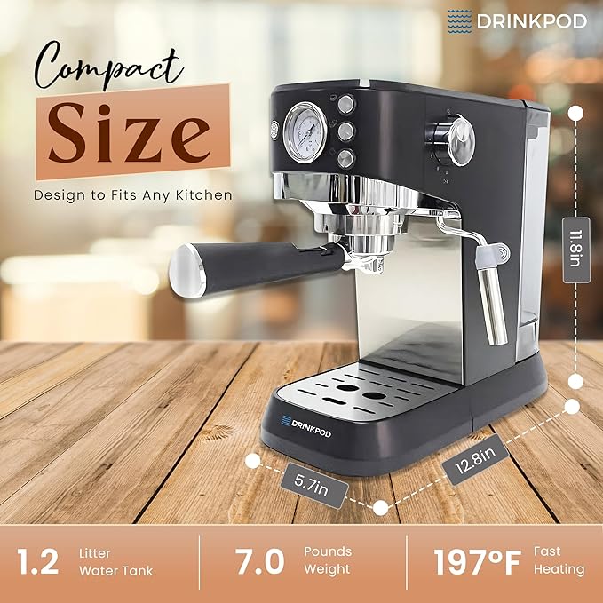 DRINKPOD 20 Bar Espresso Machine – Coffee &amp Espresso Maker Combo with Milk Frother Steam Wand Stainless Steel Cup Plate and 1.5L Removable Water Tank – High Pressure Espresso Maker