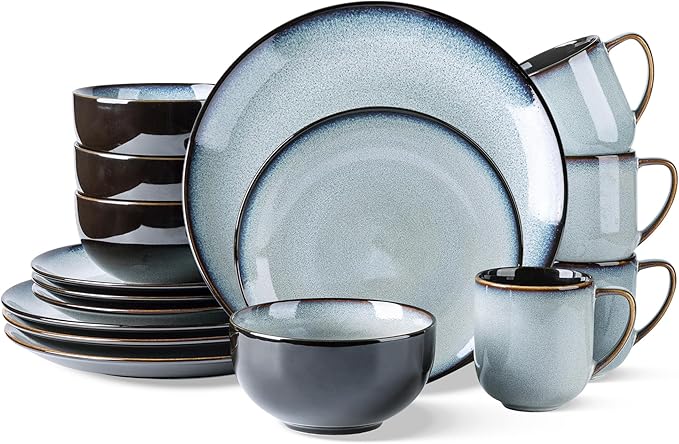 LERATIO Ceramic Dinnerware Sets for 416-Piece Reactive Glaze Plates and Bowls Set with MugsHighly Chip and Crack Resistant | DishwasherMicrowave &amp Oven Safe Dishes set-Gray White