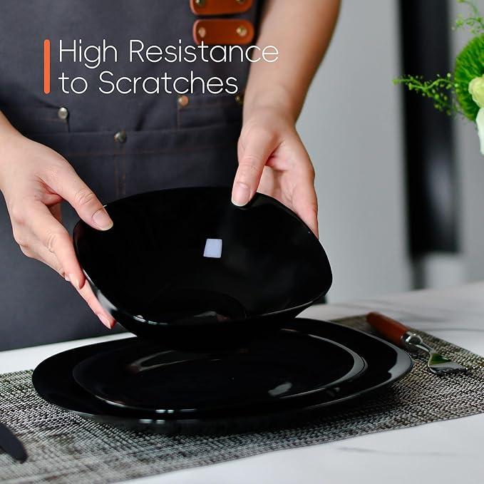 Square Dinnerware Sets for 4 12 Pieces Opal Glass Plates and Bowls Set Dishwasher and Microwave Safe Dish Dinning Ware Set Chip and Scratch Resistant Dishware Sets Black