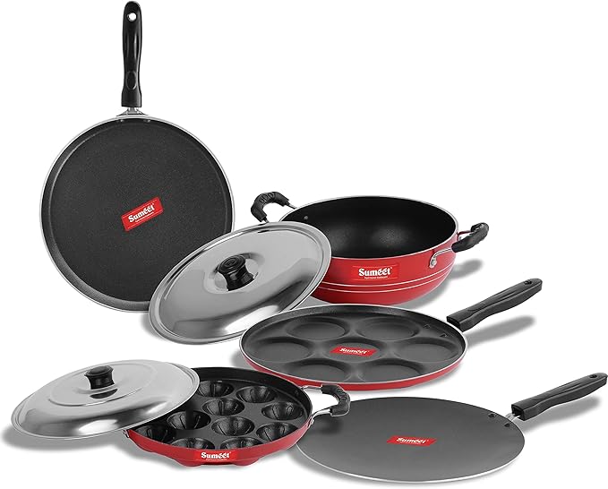 Sumeet Non-Stick Aluminum Cookware Set (Dosa Tawa - 26.5 cm Multi Snack Maker - 26.5 cm D Kadhai with Lid 1.5 L Grill Appam Patra with Lid - 23 cm Concave Tawa -28 cm 2.6 mm Thick Ruby Red)