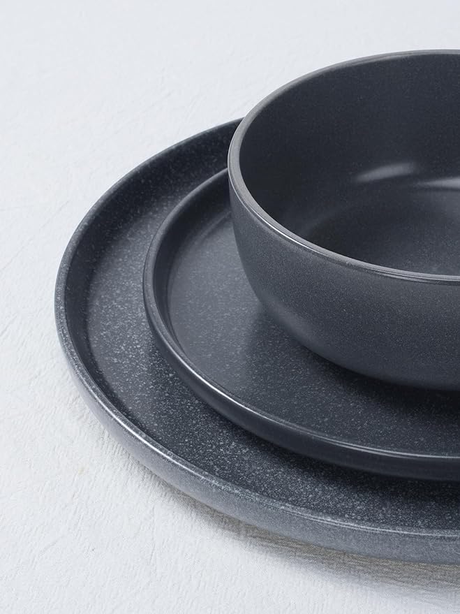 Famiware Milkyway Plates and Bowls Set 12 Pieces Dinnerware Sets and 4 Pieces Pasta Bowls Double Reactive Glaze Sturdy &amp Stackable Stoneware Dishes Set for 4 Matte Dark Charcoal