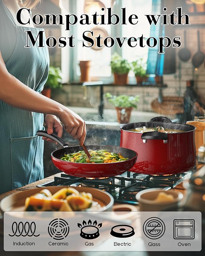 Cook N Home Pots and Pans Nonstick Cookware Set 10-Piece Belly Shape Kitchen Cooking Set with Frying Pans and Saucepans Induction Compatible Marble Red