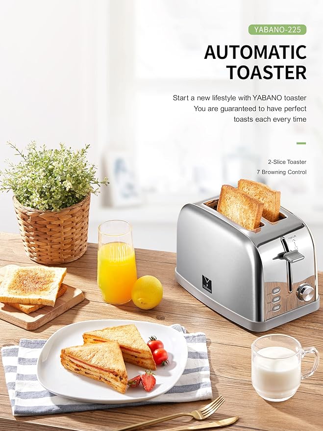 Yabano Retro Bagel Toaster - 2 Slice 2 Extra Wide Slots 7 Shade Settings Defrost/Bagel/Cancel Removable Crumb Tray Stainless Steel Silver