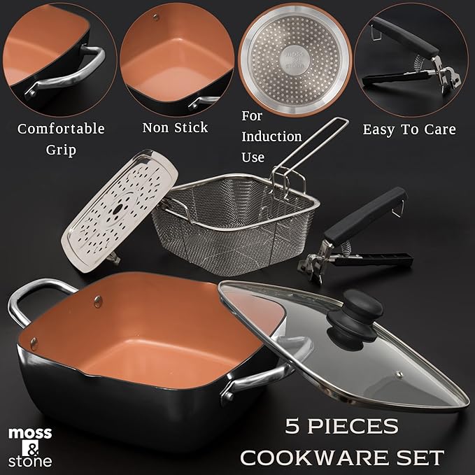 Moss &amp Stone 5 Pcs Black Copper Chef Cookware Non Stick Deep Frying Pan Fry Basket Steamer Rack Dishwasher &amp Oven Safe 5 Qt Deep Square Pan Induction Copper Cookware Set - 9.5 x 3.5