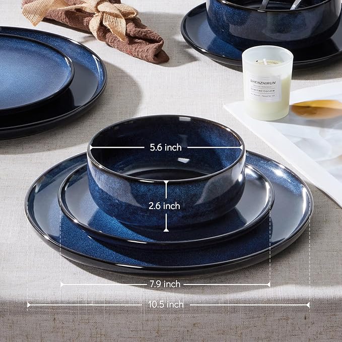 E-far 18-Piece Plates and Bowls Set Dinnerware Sets for 6 Reactive Glaze Stoneware Dishes Dinning Ware Microwave &amp Dishwasher Safe - Deep Sea Blue
