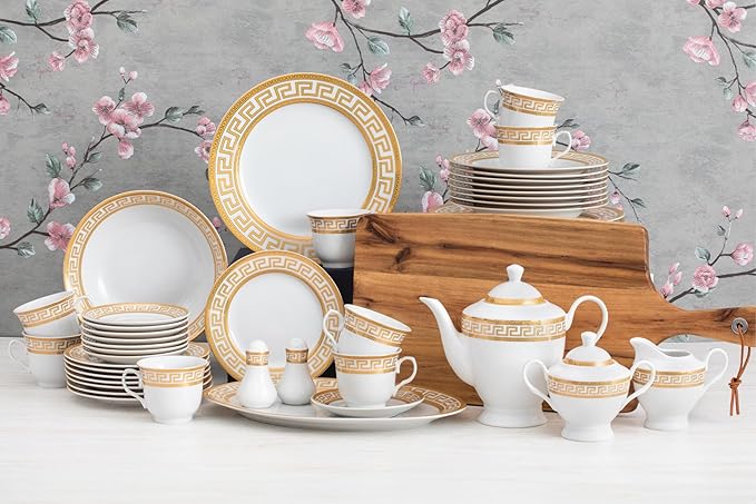 Dinnerware Set in Gold and White Fine Porcelain for Every Day or Formal Occasions Tableware Setting 57 Pieces Service for 8