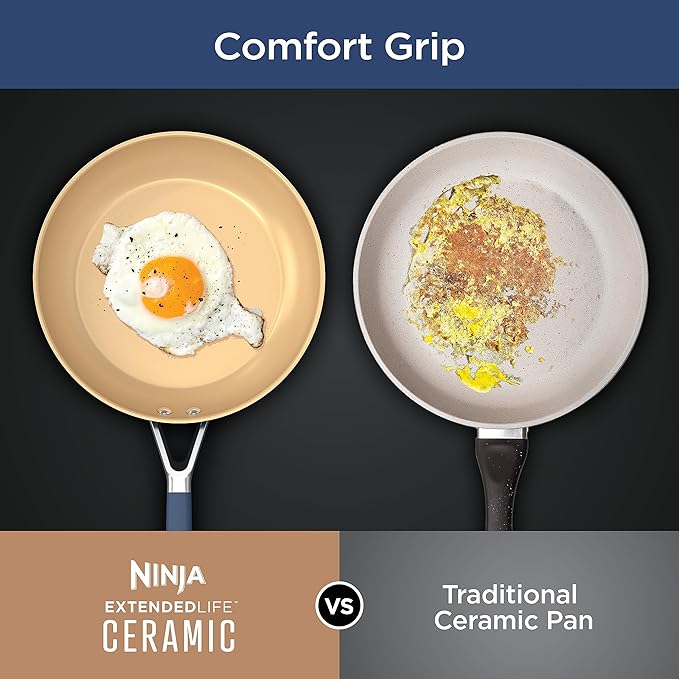 Ninja Extended Life Ceramic 8 Fry Pan with Comfort Grip Nonstick Fry Pans Pots PTFE Free Healthy Cooking Oven Safe Dishwasher Safe All Stovetops &amp Induction Compatible Navy Blue CW40020