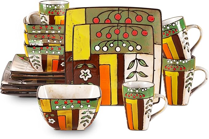 Stoneware Artisan Hand Painted Spring Garden 16pc Reactive Glaze Dinnerware Set