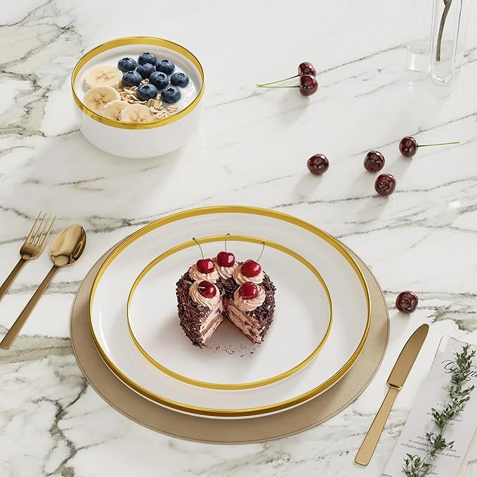 12-Piece Porcelain Dinnerware Set for 4 Kitchen Plates and Bowls Sets Handmade Ceramic Dish Set with Gold Rim White Non-Microwave &amp Non-Oven Safe