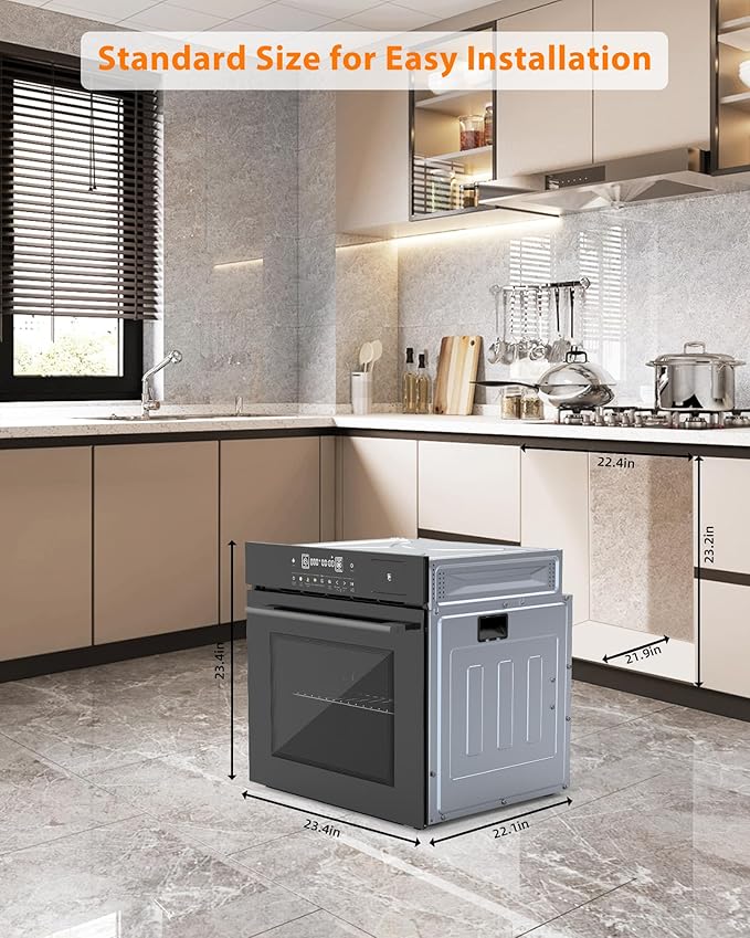 Built-in 24 Electric Wall Oven - 70L Volume 2.5Cu.ft 8 Cooking Functions including Air Fry 3000W Power 3D Surround Heating Technology Touch Control Panel Double-Layer Glass Door Modern Black D
