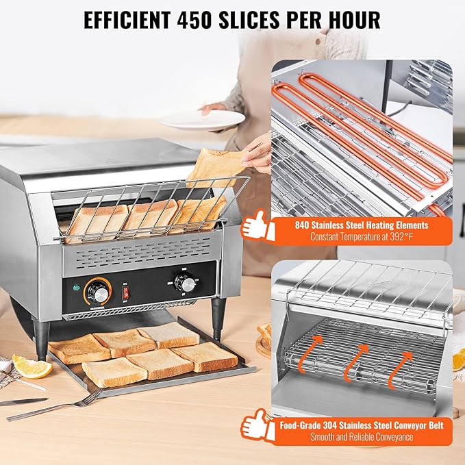 Happybuy Commercial Conveyor Toaster 450 Slices/Hour Heavy Duty Stainless Steel Electric Toaster Oven For Toast Bun Bagel Bread