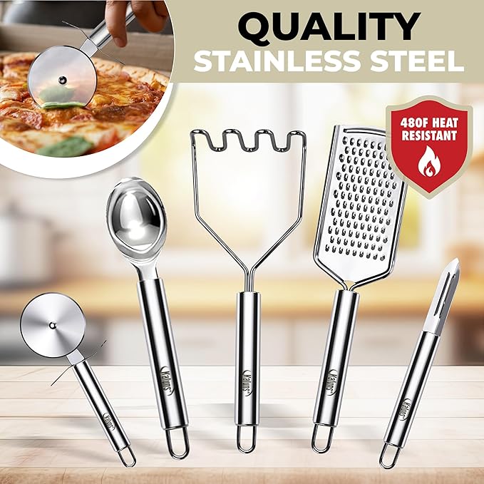 Kaluns 50 PCS Silicone Kitchen Utensils Set Complete Kitchen Set - 800°F Heat Resistant Non-Stick Premium Cooking Utensils W Wooden Handles - Can Opener Masher Turner Silicone Spatula Set
