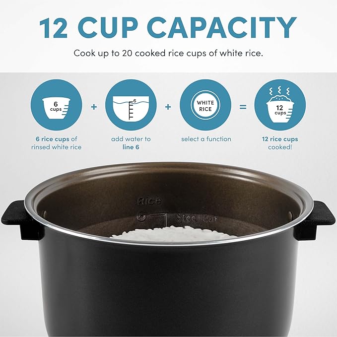 AROMA® 6-Cup (Uncooked)/ 12-Cup (Cooked) Slow Cook Rice Cooker and Brown Rice Cooker with Lift-Out Pot Handles and Silicone Storage Lid PFAS-Free Ceramic Coating
