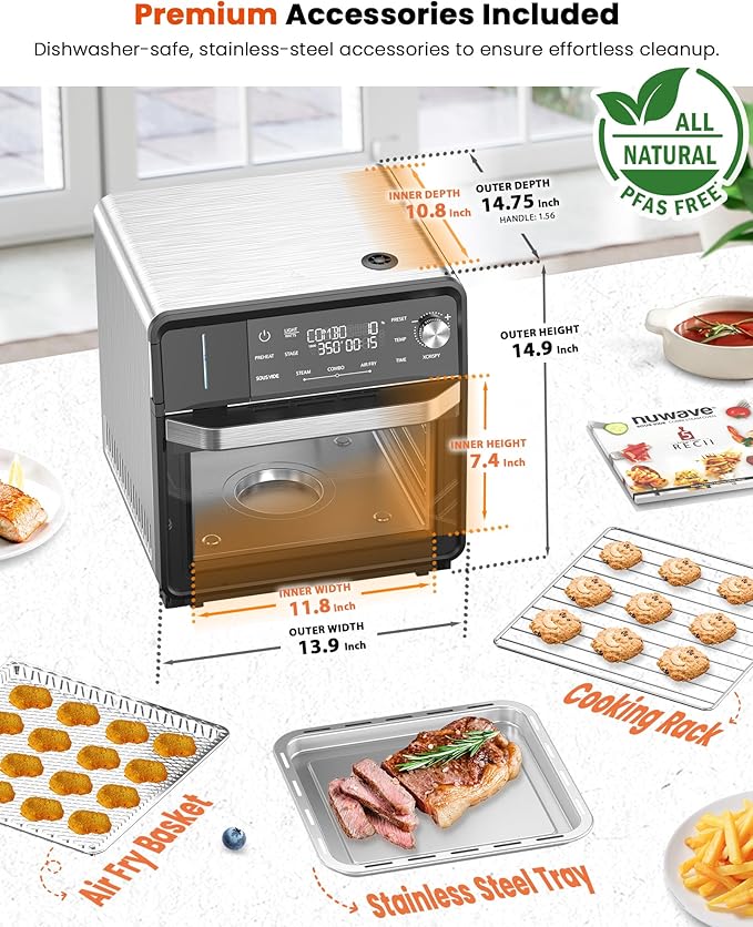 Nuwave Combi Steam Oven Non-Toxic Stainless Steel Multi-Cooker with Air Fry Sous Vide Toast &amp More 50-450°F Precision 120 Presets Moisture Control Programmable Easy to Clean 16 quarts