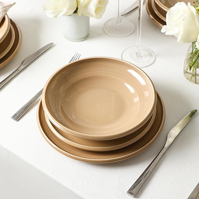Earth &amp Clay Harmony 24-Piece Dinnerware Stoneware Plates and Bowls Set Includes Dinner and Salad Plates Cereal Bowls Dishwasher and Microwave Safe Dish for 8 Beige