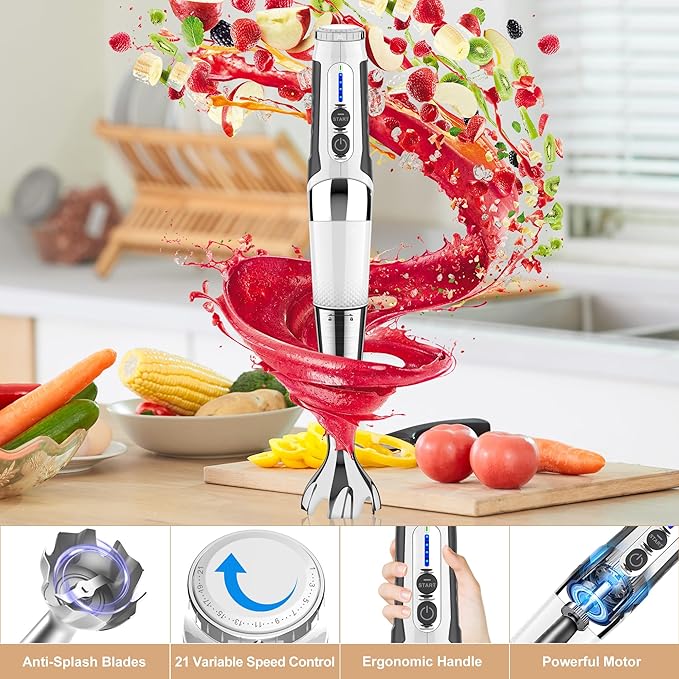 Toogel Cordless Immersion Blender 4-in-1 Electric Hand Blender with 21-Speed &amp 3-Angle Adjust USB Rechargeable BPA-Free &amp Dishwasher Safe for Baby Food Smoothies Soup (White)
