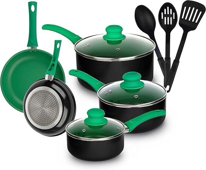 Pots and Pans Set Aluminum Nonstick Cookware Set Fry Pans Casserole with Lid Sauce Pan and Utensils 11 Piece Cooking Set (Green)