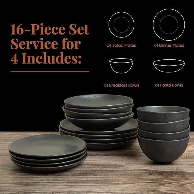 Trasa Home by Larder &amp Vine Eco-Friendly High Fired Artisan Stoneware Organic &amp Modern Dinnerware 16 piece set 4 place settings (Charcoal)